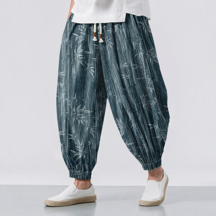 Buddha Stones Pure Cotton Zen Bamboo Pattern Drawstring Men's Harem Pants With Pockets - LightSeaGreen - US/UK/AU50，EU60 (5XL) - image 0