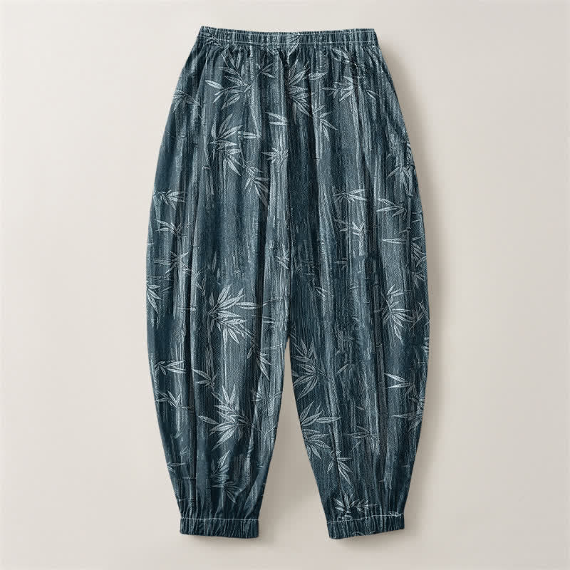 Buddha Stones Pure Cotton Zen Bamboo Pattern Drawstring Men's Harem Pants With Pockets - image 2