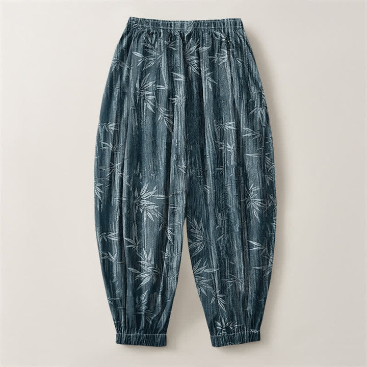 Buddha Stones Pure Cotton Zen Bamboo Pattern Drawstring Men's Harem Pants With Pockets - image 2