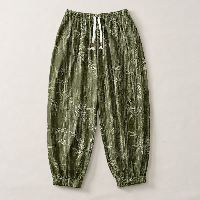 Buddha Stones Pure Cotton Zen Bamboo Pattern Drawstring Men's Harem Pants With Pockets - image 7