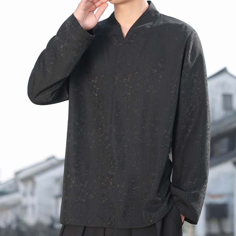 Buddha Stones Fall Tang Style Minimalist Mandarin Collar Jacquard Floral Men's Long Sleeve Shirts - Black - US/UK/AU46, EU56 (5XL) - image 0