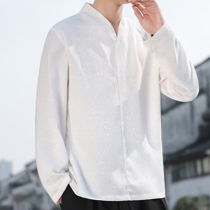 Buddha Stones Fall Tang Style Minimalist Mandarin Collar Jacquard Floral Men's Long Sleeve Shirts - White - US/UK/AU46, EU56 (5XL) - image 8