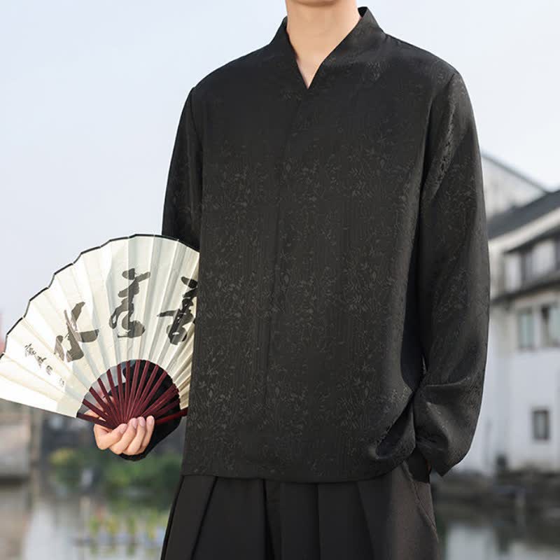 Buddha Stones Fall Tang Style Minimalist Mandarin Collar Jacquard Floral Men's Long Sleeve Shirts - image 1