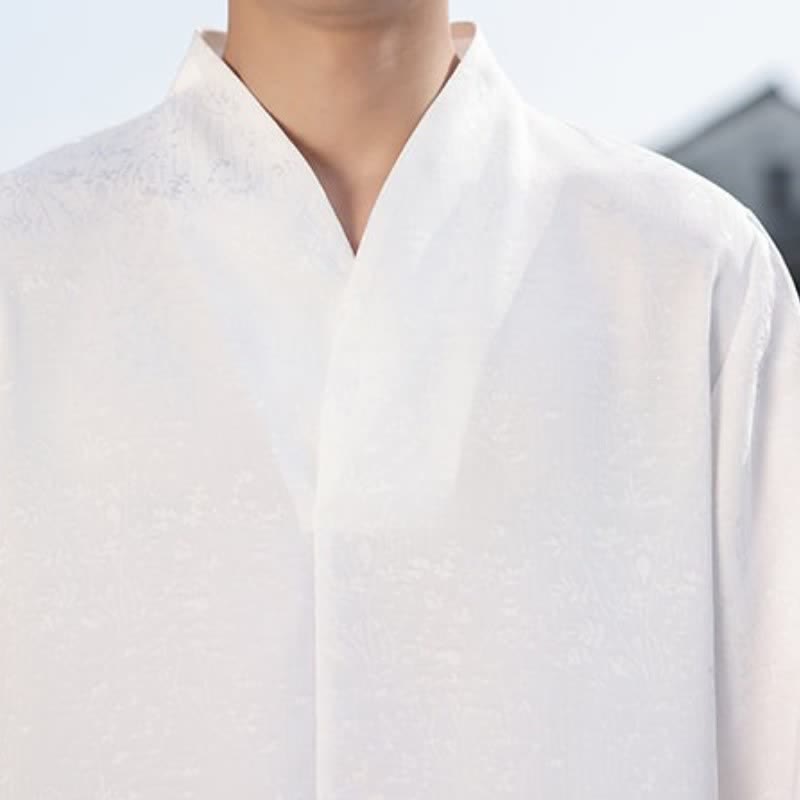 Buddha Stones Fall Tang Style Minimalist Mandarin Collar Jacquard Floral Men's Long Sleeve Shirts - image 16