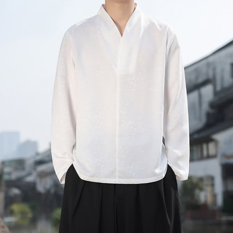 Buddha Stones Fall Tang Style Minimalist Mandarin Collar Jacquard Floral Men's Long Sleeve Shirts - image 13
