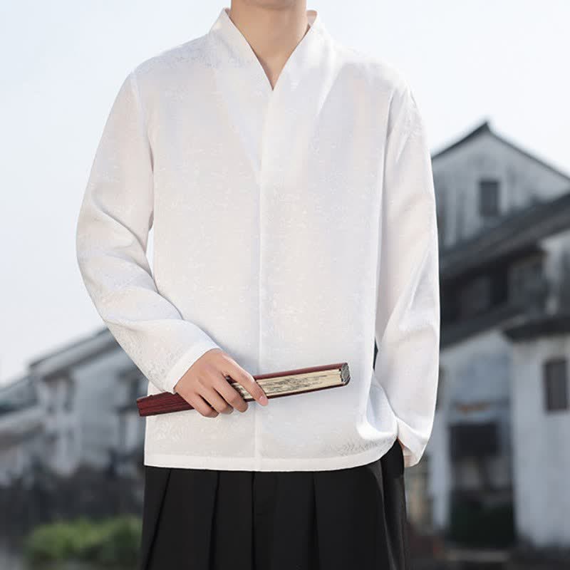Buddha Stones Fall Tang Style Minimalist Mandarin Collar Jacquard Floral Men's Long Sleeve Shirts - image 9