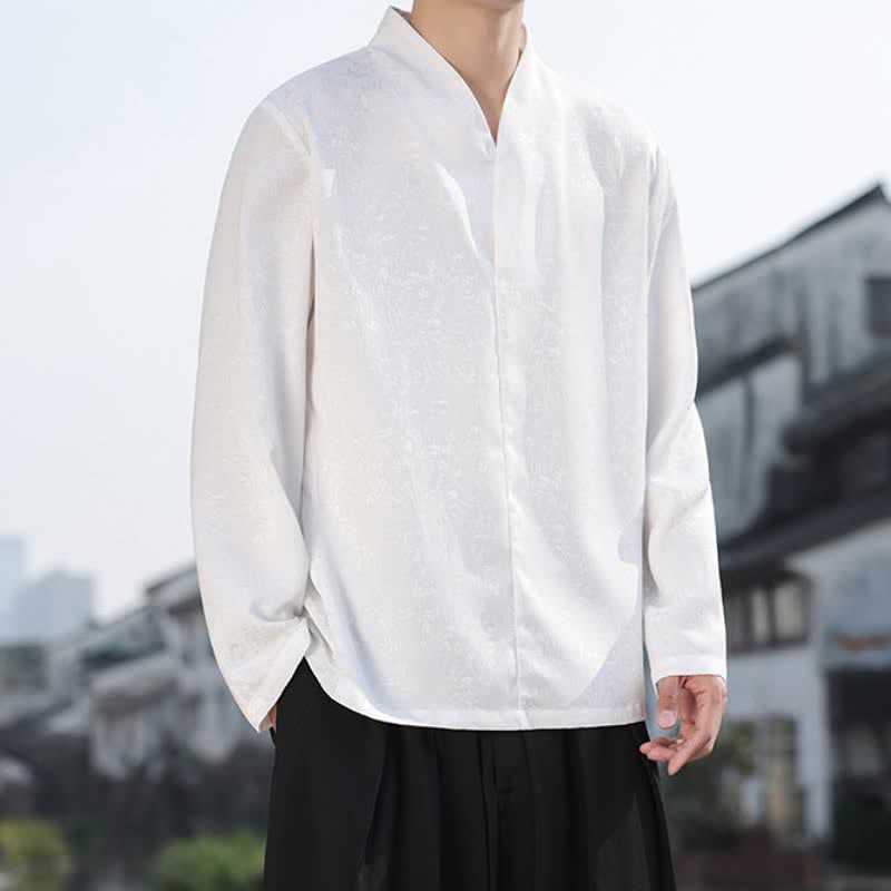 Buddha Stones Fall Tang Style Minimalist Mandarin Collar Jacquard Floral Men's Long Sleeve Shirts - image 14