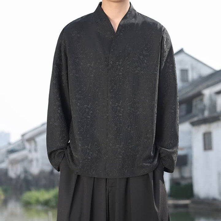 Buddha Stones Fall Tang Style Minimalist Mandarin Collar Jacquard Floral Men's Long Sleeve Shirts - image 6