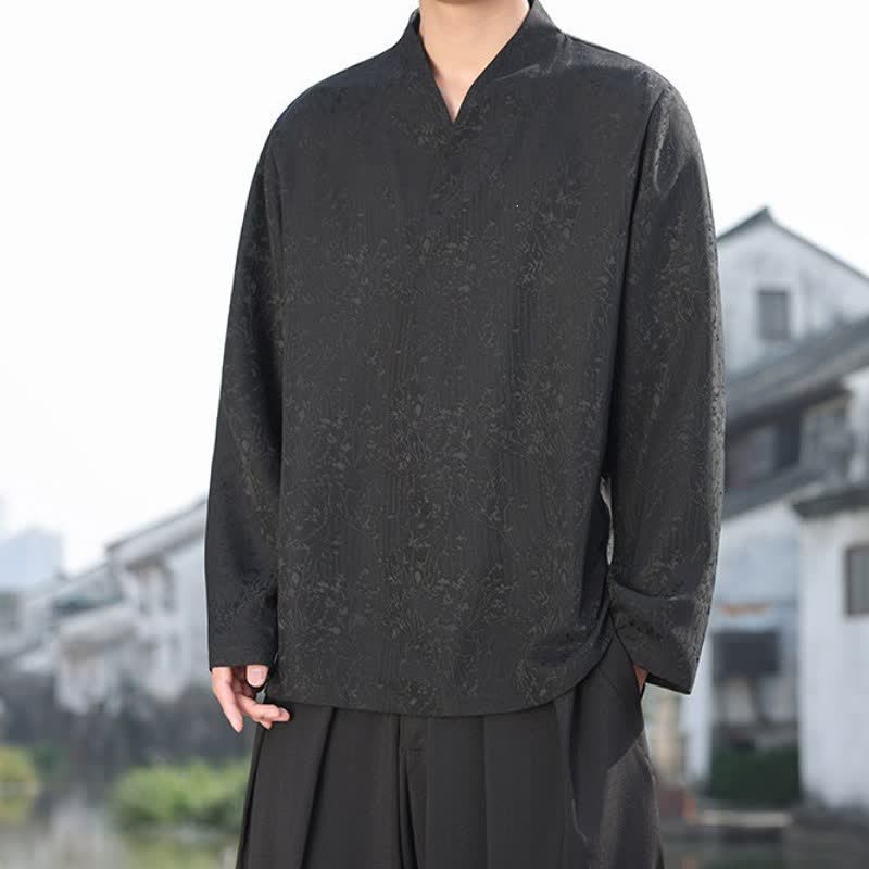 Buddha Stones Fall Tang Style Minimalist Mandarin Collar Jacquard Floral Men's Long Sleeve Shirts - image 4