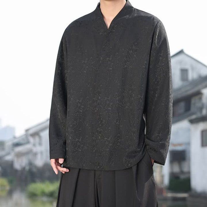 Buddha Stones Fall Tang Style Minimalist Mandarin Collar Jacquard Floral Men's Long Sleeve Shirts - image 4