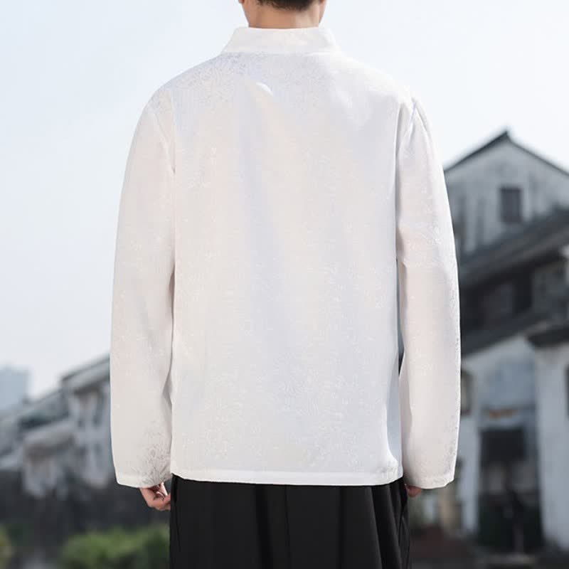 Buddha Stones Fall Tang Style Minimalist Mandarin Collar Jacquard Floral Men's Long Sleeve Shirts - image 12
