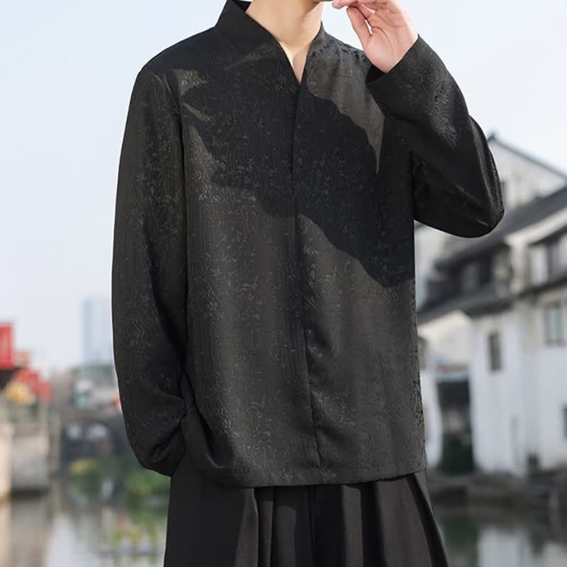 Buddha Stones Fall Tang Style Minimalist Mandarin Collar Jacquard Floral Men's Long Sleeve Shirts - image 2