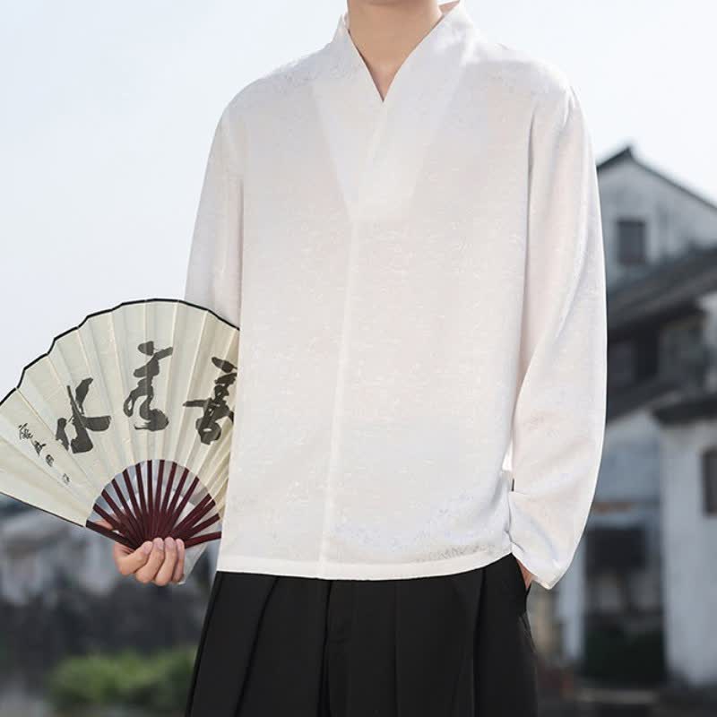 Buddha Stones Fall Tang Style Minimalist Mandarin Collar Jacquard Floral Men's Long Sleeve Shirts - image 10