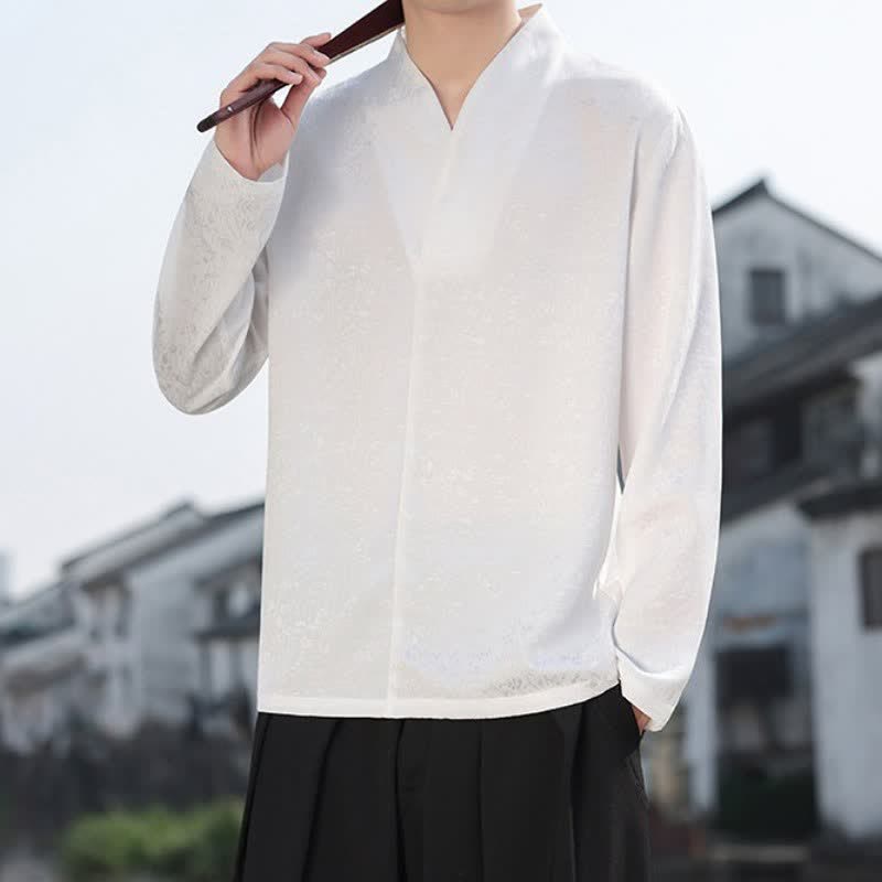 Buddha Stones Fall Tang Style Minimalist Mandarin Collar Jacquard Floral Men's Long Sleeve Shirts - image 15