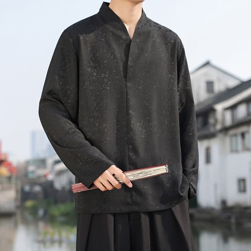 Buddha Stones Fall Tang Style Minimalist Mandarin Collar Jacquard Floral Men's Long Sleeve Shirts - image 5