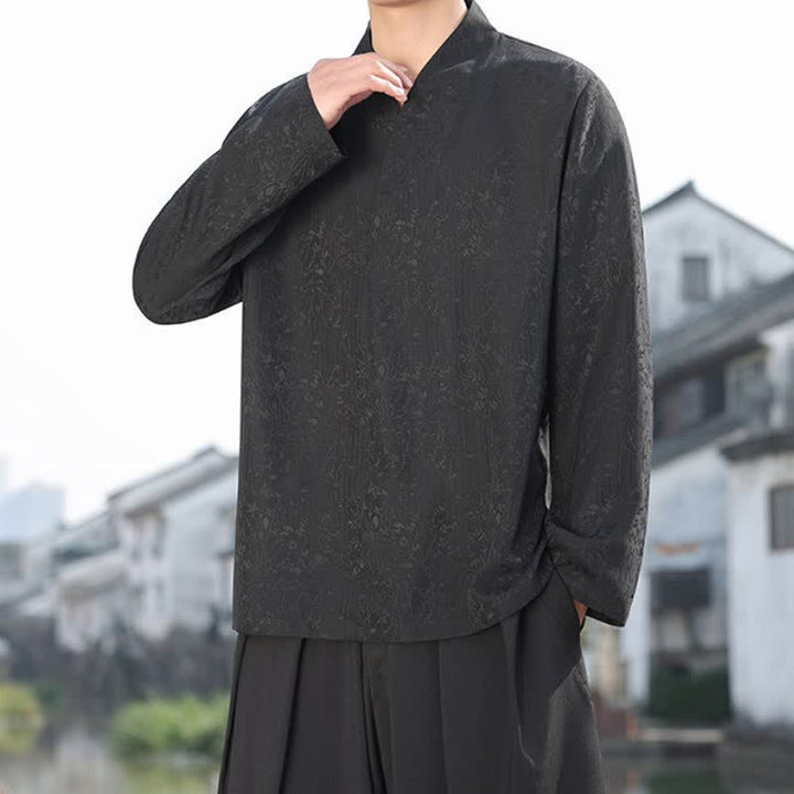 Buddha Stones Fall Tang Style Minimalist Mandarin Collar Jacquard Floral Men's Long Sleeve Shirts - image 3