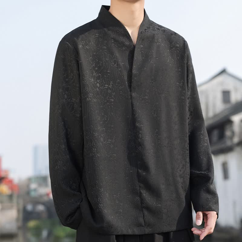 Buddha Stones Fall Tang Style Minimalist Mandarin Collar Jacquard Floral Men's Long Sleeve Shirts - image 7