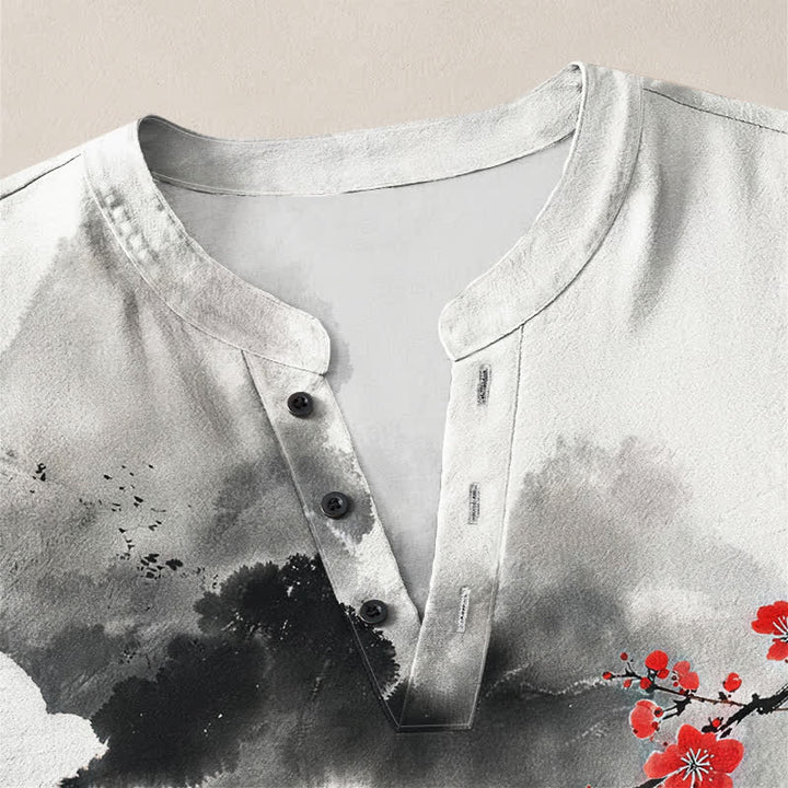Buddha Stones Cotton Zen Landscape Blossom Pattern V-Neck Buttons Men's Long Sleeve Shirts - image 4