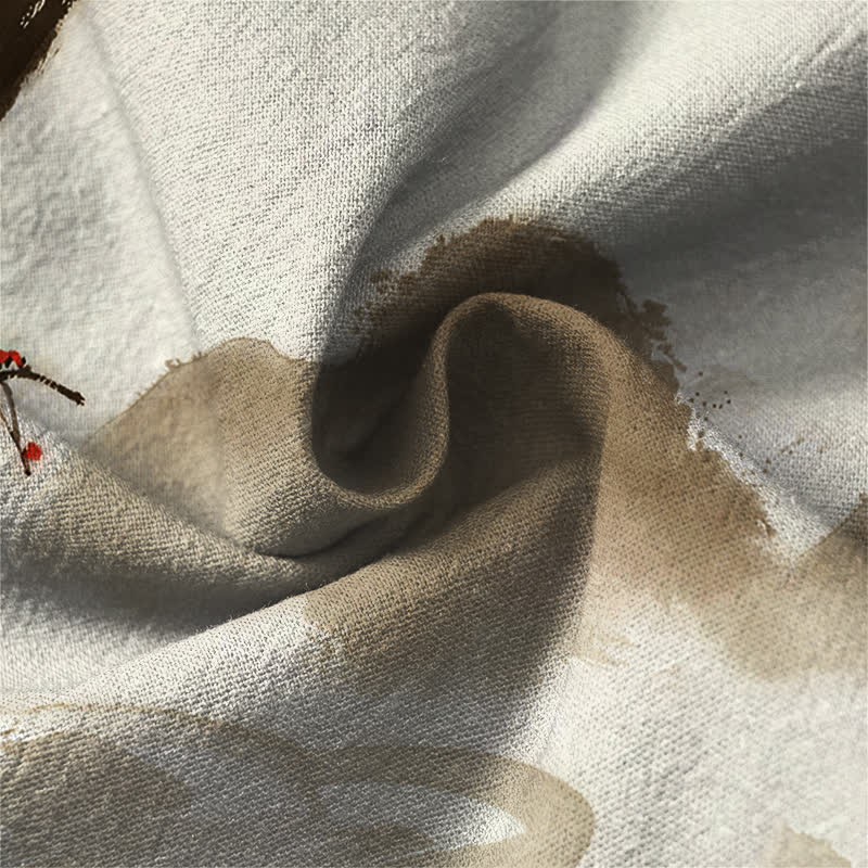 Buddha Stones Cotton Zen Landscape Blossom Pattern V-Neck Buttons Men's Long Sleeve Shirts - image 13