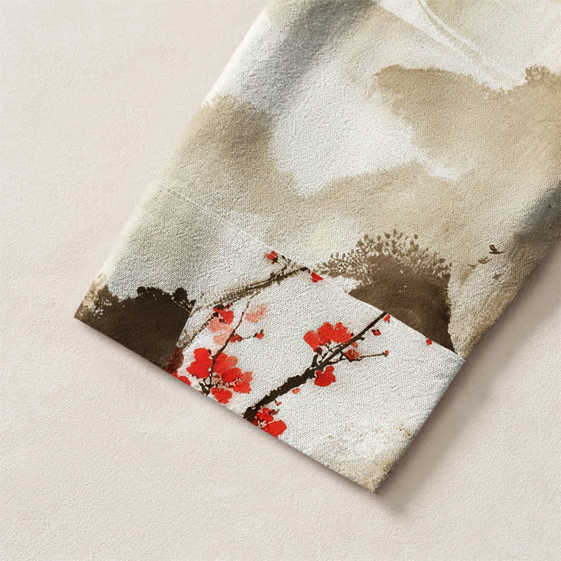 Buddha Stones Cotton Zen Landscape Blossom Pattern V-Neck Buttons Men's Long Sleeve Shirts - image 12