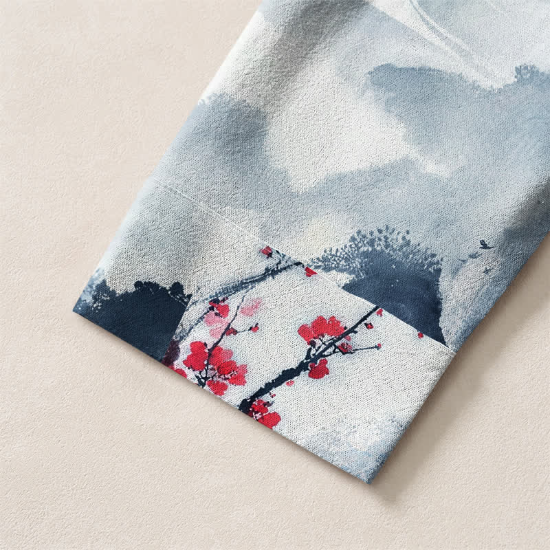 Buddha Stones Cotton Zen Landscape Blossom Pattern V-Neck Buttons Men's Long Sleeve Shirts - image 19