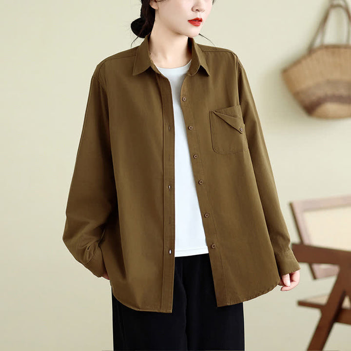 Buddha Stones Fall Casual Minimalist Button-Up Solid Cotton Women's Jacket With Pocket - image 3