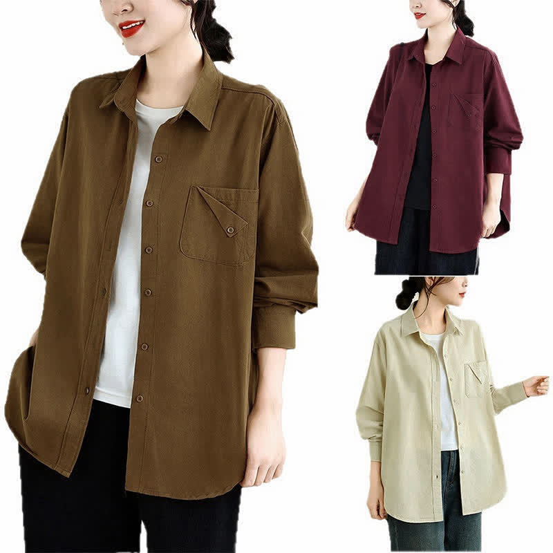 Buddha Stones Fall Casual Minimalist Button-Up Solid Cotton Women's Jacket With Pocket - image 24