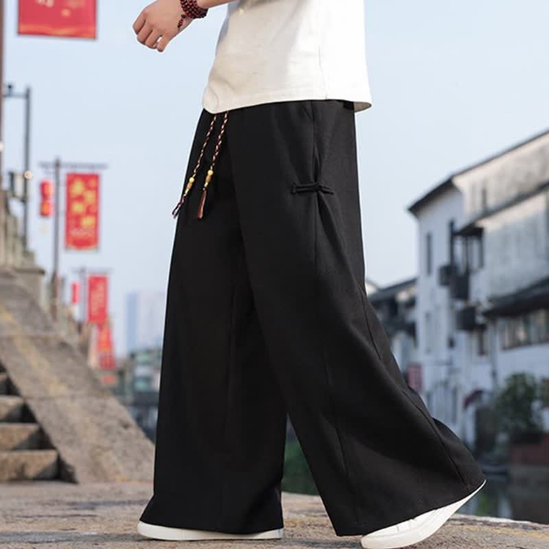 Buddha Stones Spring Fall Casual Tang Style Drawstring Solid Long Pants Men's Straight Leg Pants With Pocket - image 3