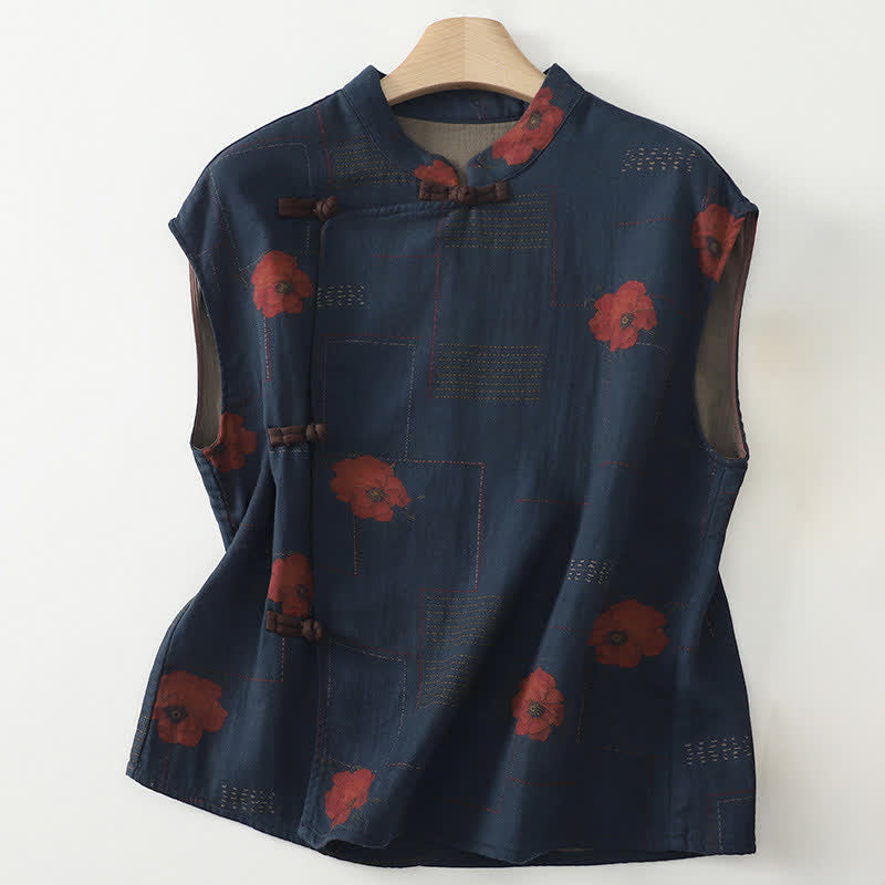 Buddha Stones Fall Vintage Tang Style Frog Button Red Floral Cotton Tank Top Women's Sleeveless Shirts - MidnightBlue - US12, UK/AU16, EU44 (XL) - image 0