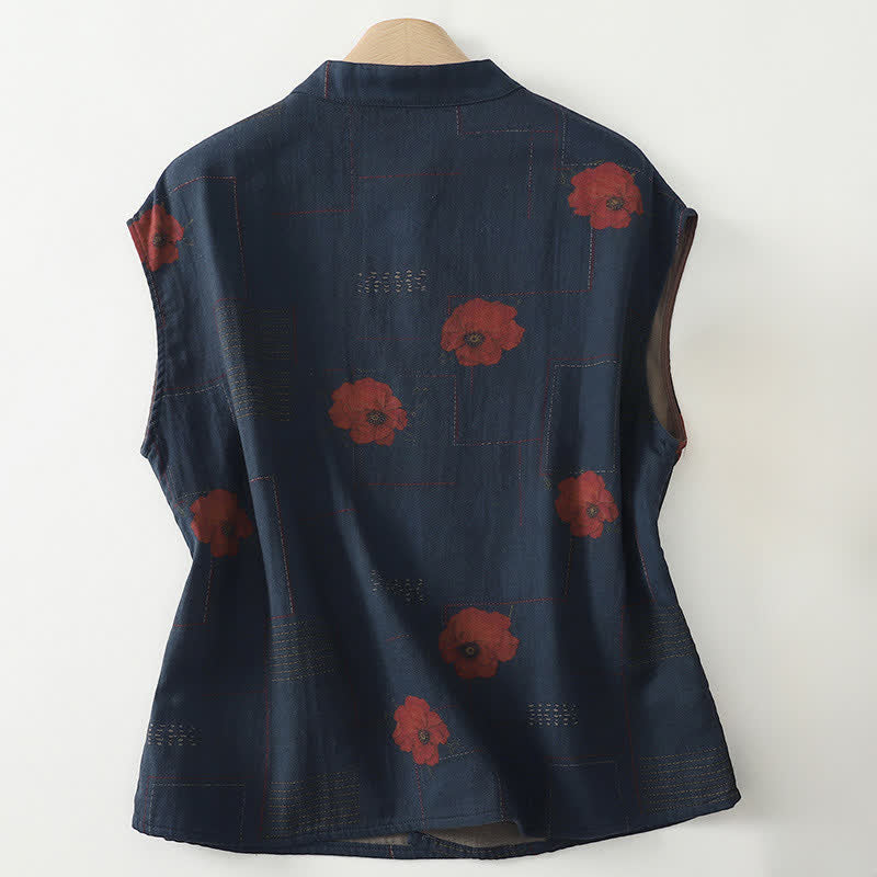 Buddha Stones Fall Vintage Tang Style Frog Button Red Floral Cotton Tank Top Women's Sleeveless Shirts - image 1