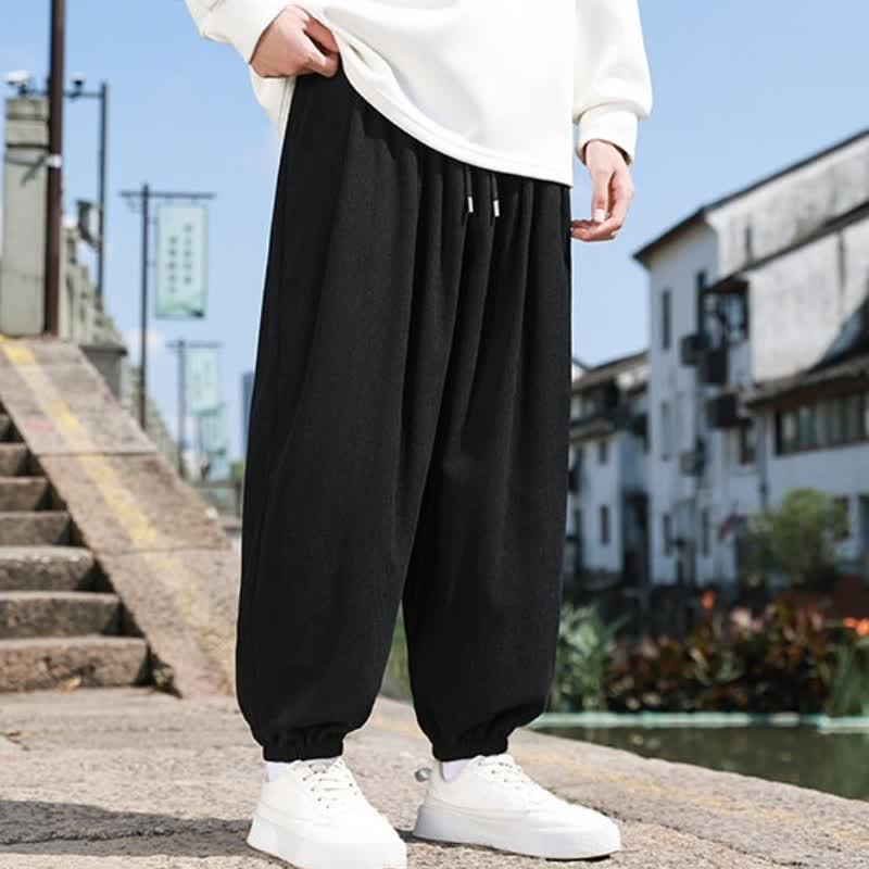 Buddha Stones Fall Casual Minimalist Drawstring Solid Cropped Pants Corduroy Men's Tapered Pants With Pocket - image 17