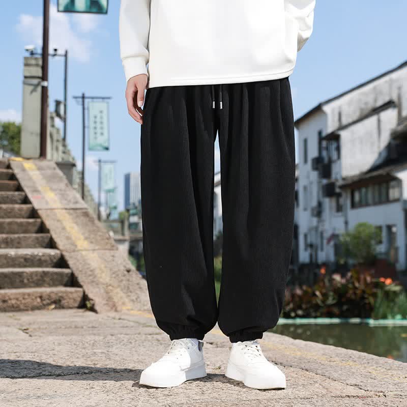 Buddha Stones Fall Casual Minimalist Drawstring Solid Cropped Pants Corduroy Men's Tapered Pants With Pocket - Black - US/UK/AU46, EU56 (5XL) - image 16
