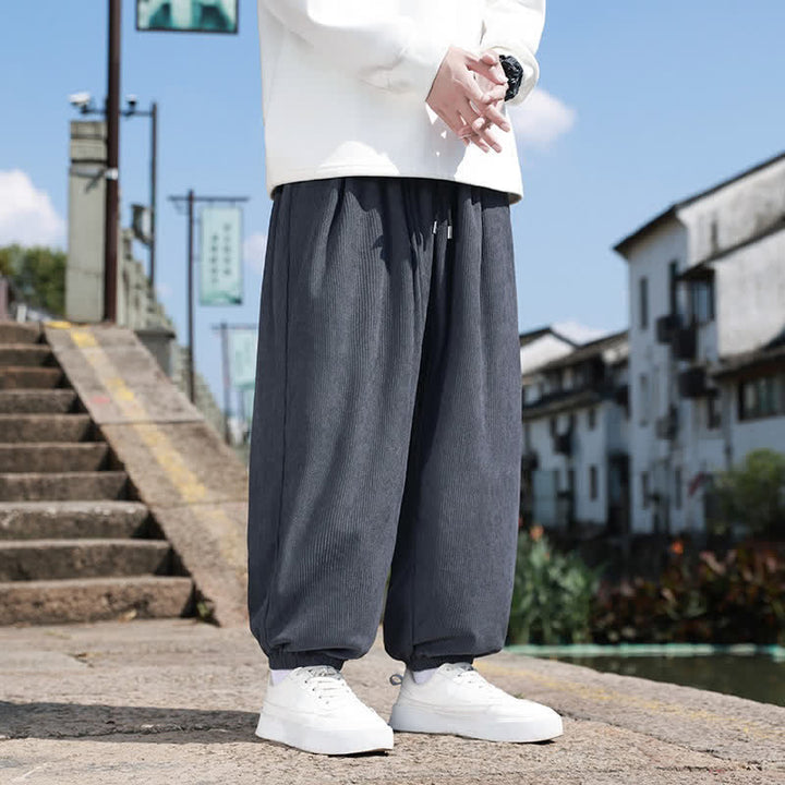 Buddha Stones Fall Casual Minimalist Drawstring Solid Cropped Pants Corduroy Men's Tapered Pants With Pocket - DimGray - US/UK/AU46, EU56 (5XL) - image 8