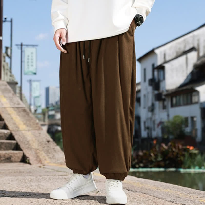 Buddha Stones Fall Casual Minimalist Drawstring Solid Cropped Pants Corduroy Men's Tapered Pants With Pocket - image 2