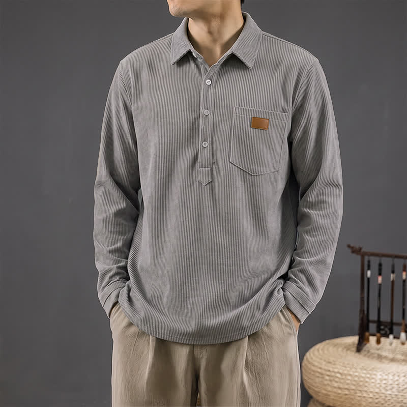 Buddha Stones Fall Casual Vintage Solid Corduroy Men's Long Sleeve Shirts With Patch Pocket - Gray - US/UK/AU42, EU52 (3XL) - image 0
