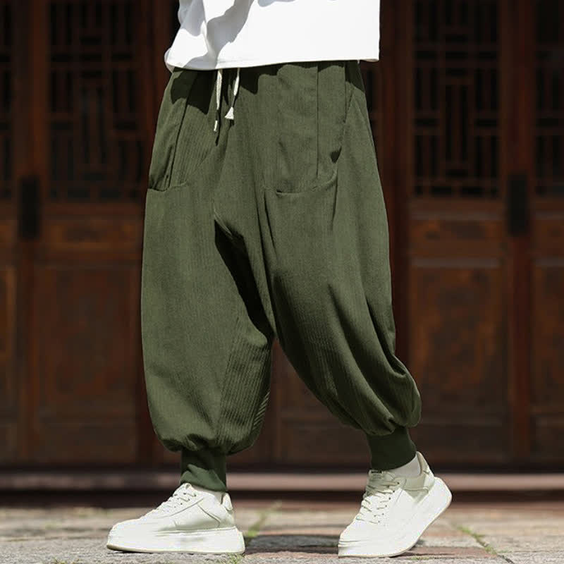 Buddha Stones Fall Winter Casual Vintage Drawstring Solid Cropped Pants Corduroy Men's Harem Pants With Pockets - image 1