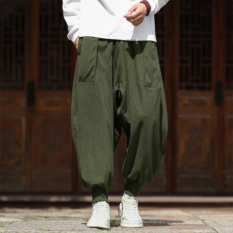 Buddha Stones Fall Winter Casual Vintage Drawstring Solid Cropped Pants Corduroy Men's Harem Pants With Pockets - DarkOliveGreen - US/UK/AU46, EU56 (5XL) - image 0