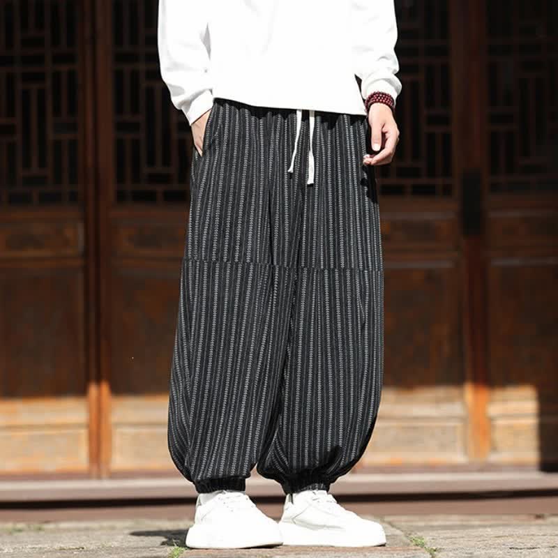 Buddha Stones Spring Fall Casual Drawstring Striped Cropped Pants Corduroy Men's Harem Pants With Pocket - image 1