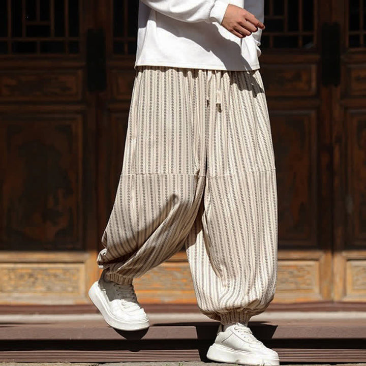 Buddha Stones Spring Fall Casual Drawstring Striped Cropped Pants Corduroy Men's Harem Pants With Pocket - image 29