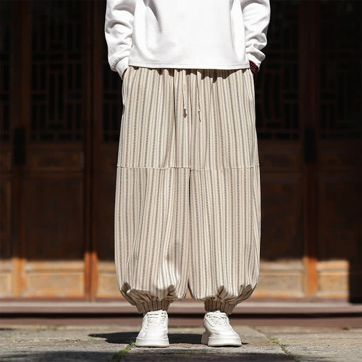 Buddha Stones Spring Fall Casual Drawstring Striped Cropped Pants Corduroy Men's Harem Pants With Pocket - OldLace - US/UK/AU46, EU56 (5XL) - image 25