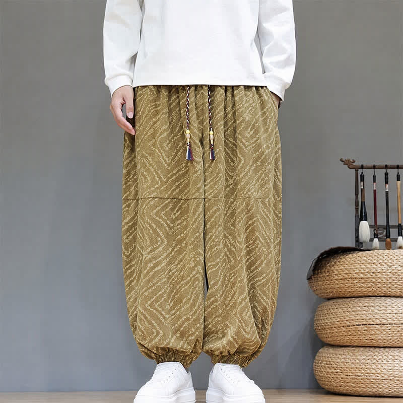 Buddha Stones Fall Winter Casual Boho Drawstring Abstract Lines Cropped Pants Corduroy Men's Harem Pants With Pockets - image 1