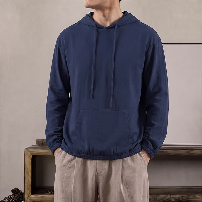 Buddha Stones Fall Casual Hooded Drawstring Solid Men's Long Sleeve Shirts With Pocket - MidnightBlue - US/UK/AU42, EU52 (3XL) - image 0