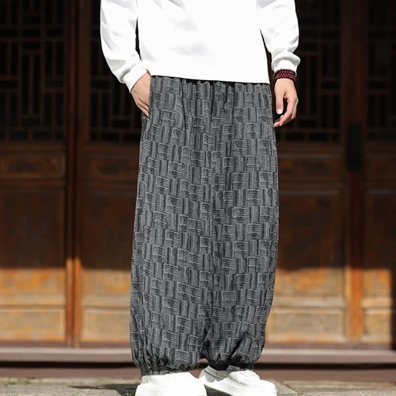 Buddha Stones Fall Winter Casual Vintage Drawstring Square Geometric Cropped Pants Corduroy Men's Harem Pants With Pockets - image 1