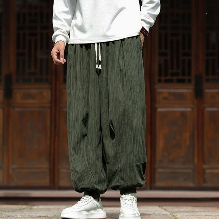 Buddha Stones Spring Casual Minimalist Drawstring Solid Vertical Stripes Cropped Pants Corduroy Men's Harem Pants With Pockets - image 6