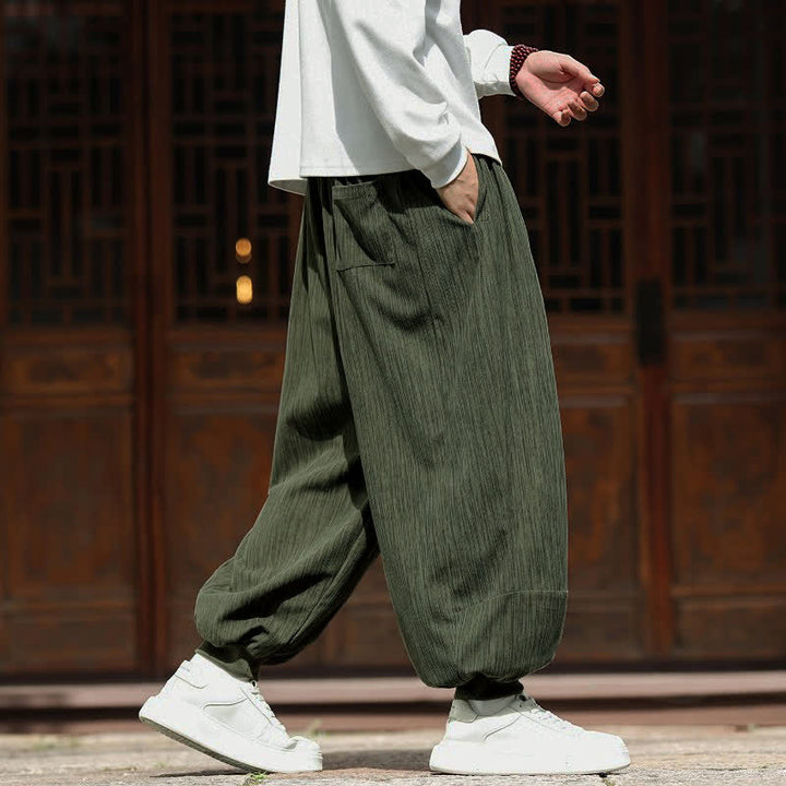 Buddha Stones Spring Casual Minimalist Drawstring Solid Vertical Stripes Cropped Pants Corduroy Men's Harem Pants With Pockets - image 4