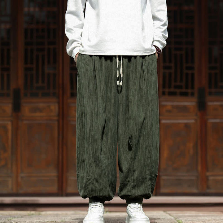 Buddha Stones Spring Casual Minimalist Drawstring Solid Vertical Stripes Cropped Pants Corduroy Men's Harem Pants With Pockets - DarkOliveGreen - US/UK/AU46, EU56 (5XL) - image 0