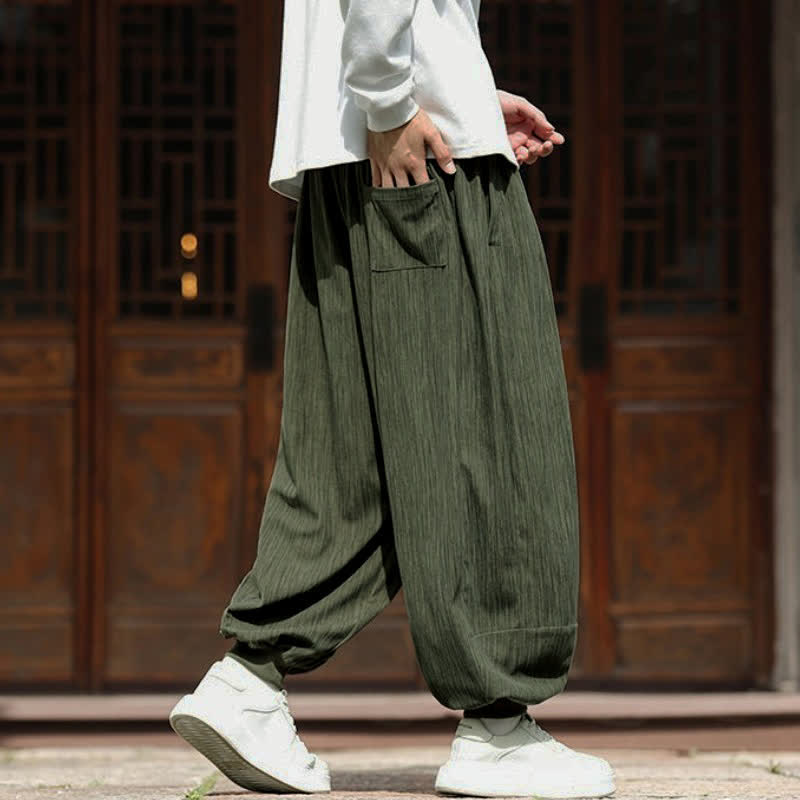 Buddha Stones Spring Casual Minimalist Drawstring Solid Vertical Stripes Cropped Pants Corduroy Men's Harem Pants With Pockets - image 3