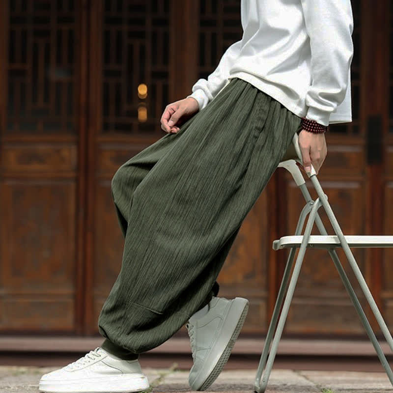 Buddha Stones Spring Casual Minimalist Drawstring Solid Vertical Stripes Cropped Pants Corduroy Men's Harem Pants With Pockets - image 7