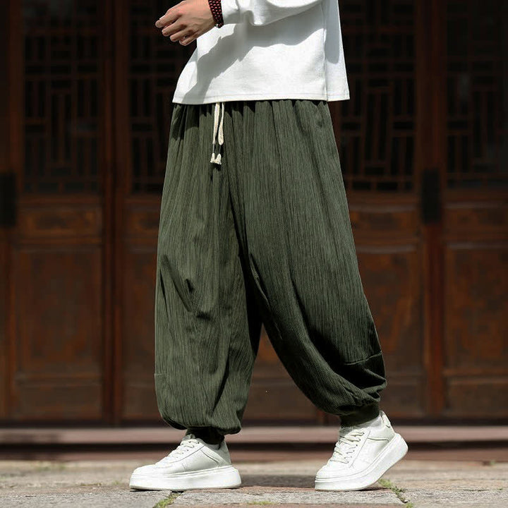 Buddha Stones Spring Casual Minimalist Drawstring Solid Vertical Stripes Cropped Pants Corduroy Men's Harem Pants With Pockets - image 2