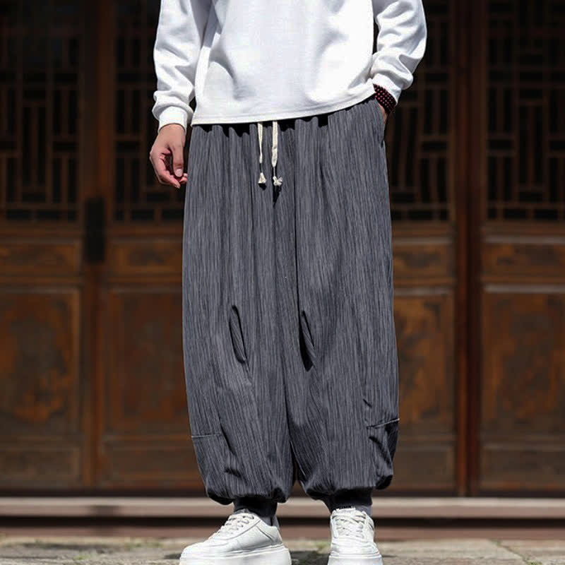 Buddha Stones Spring Casual Minimalist Drawstring Solid Vertical Stripes Cropped Pants Corduroy Men's Harem Pants With Pockets - image 14